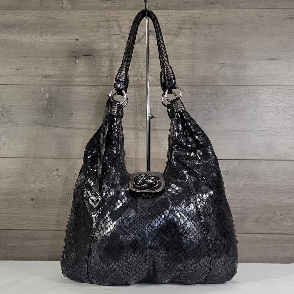 Brighton Black Patent Snakeskin Embossed Leather Women's Bag
